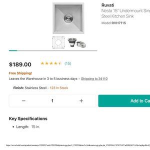 COPY - Ruvati Nesta 15" Undermount Single Basin Stainless Steel Kitchen Sink